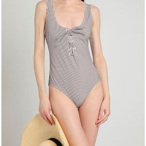 GANNI Recycled Brown Stripe Lace-Up One-Piece Swimsuit, Size 18